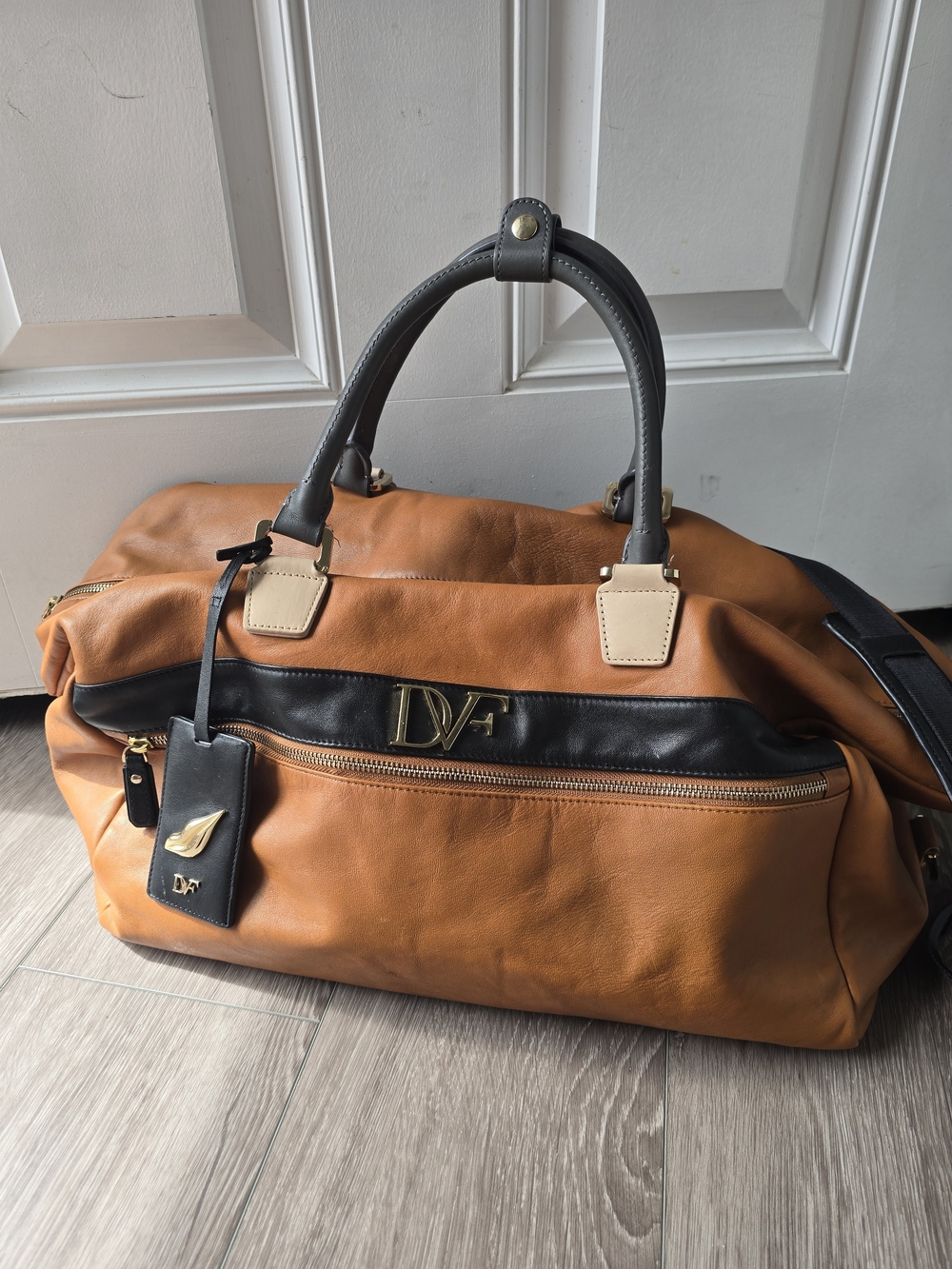 DVF Diane von Furstenberg Leather Weekender Duffle Bag Tan Black Gold Hardware